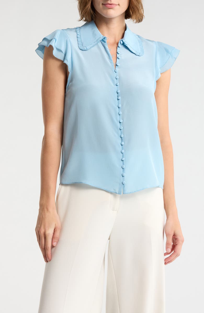Alice + Olivia Martel Flutter Sleeve Silk Button-Up Top, Main, color, Mineral Blue