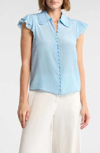 Alice + Olivia Martel Flutter Sleeve Silk Button-Up Top