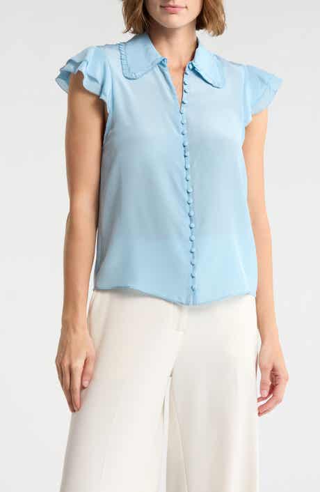 Alice + Olivia Martel Flutter Sleeve Silk Button-Up Top