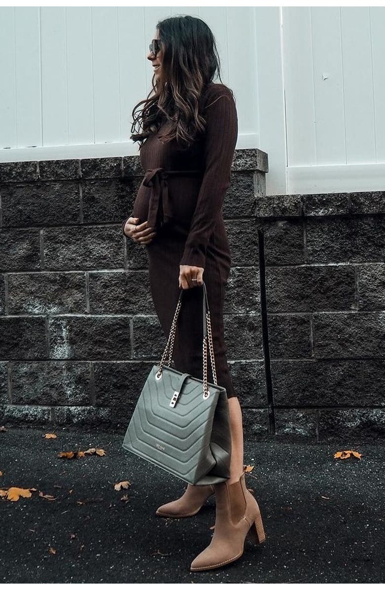 PinkBlush Tie Front Sweater Midi Dress, Alternate, color, Brown