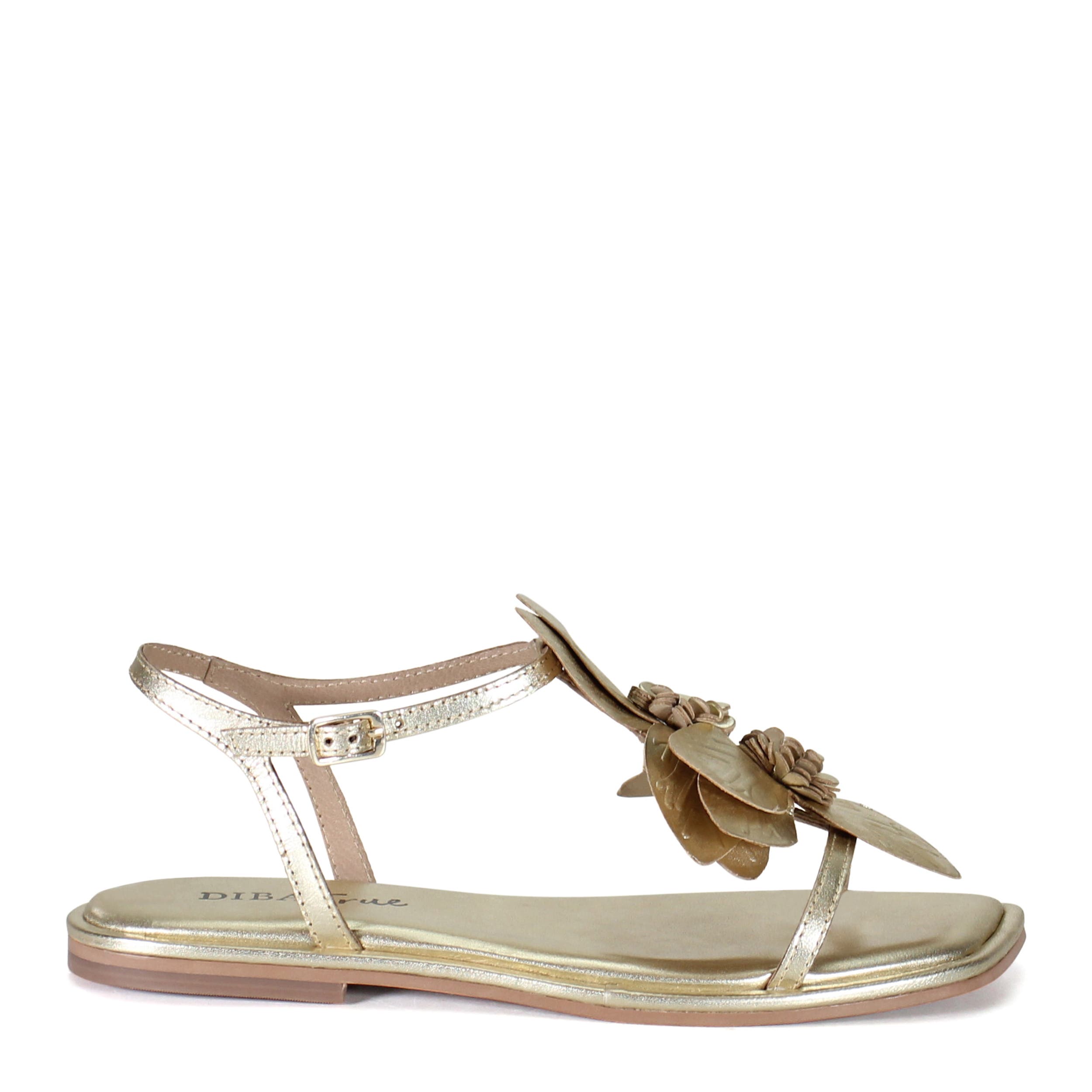 Diba True PER SHING Leather Floral Flat Dress Sandal, Alternate, color, Gold