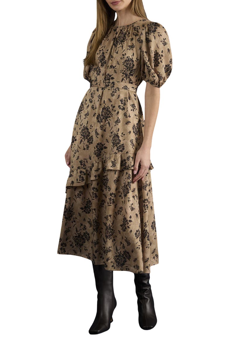 Belted Puff Sleeve Midi Dress, Alternate, color, BROWN