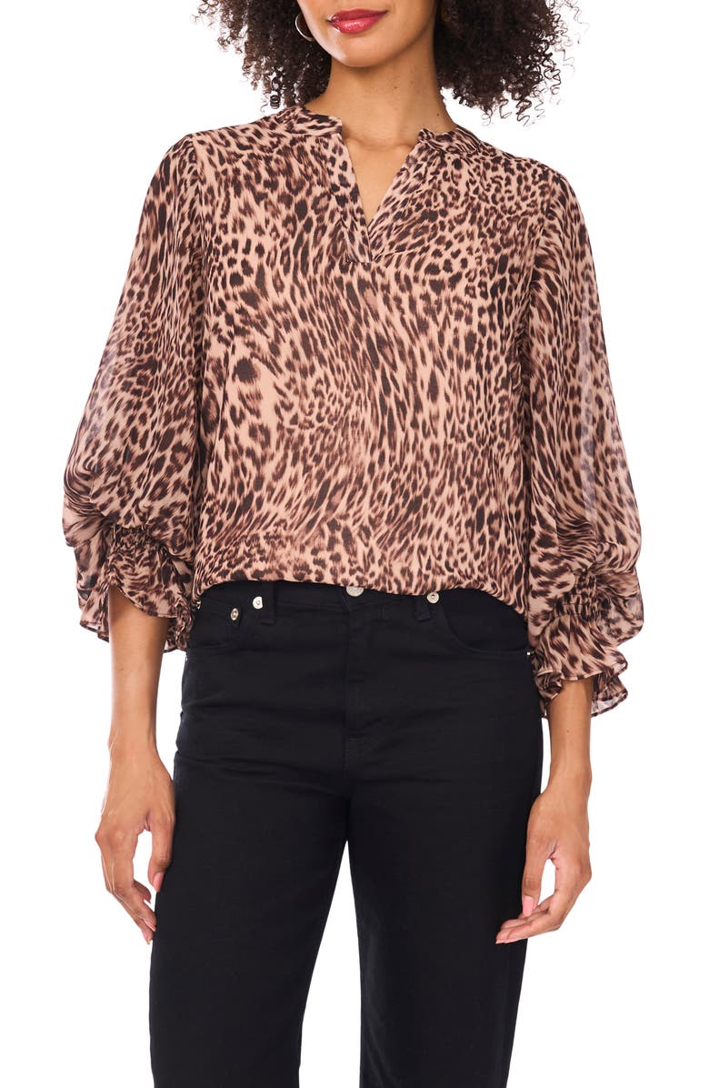 Vince Camuto Print Ruffle Cuff Top, Main, color, Rich Taupe