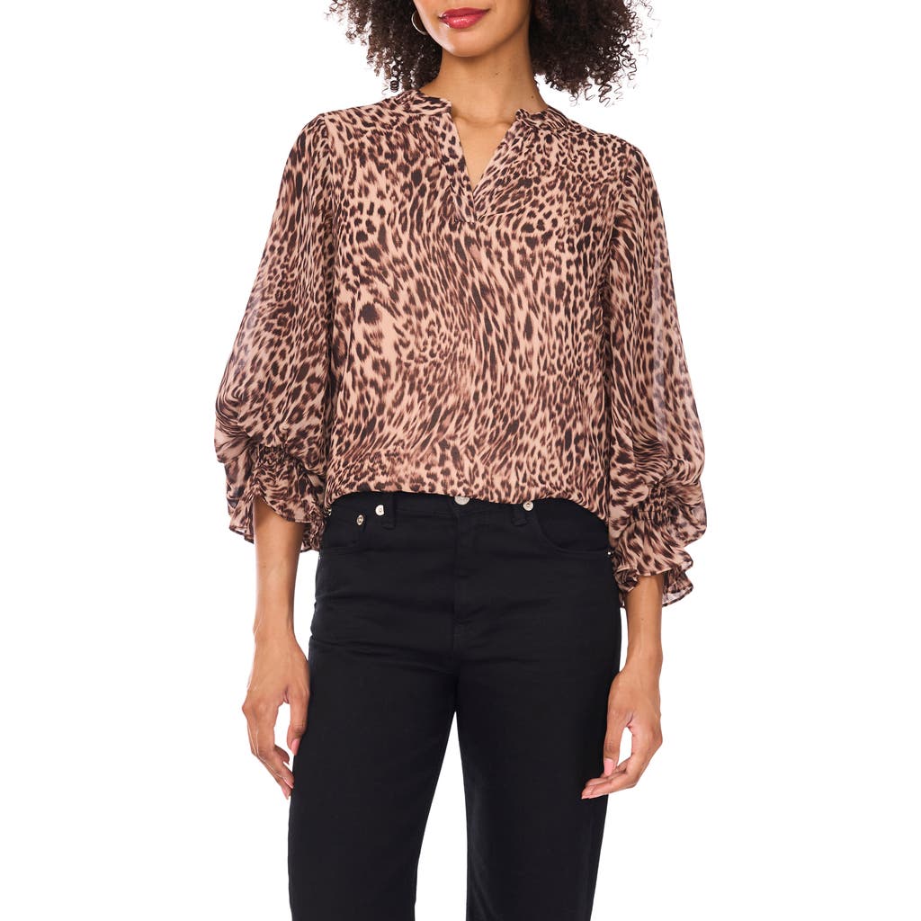 Vince Camuto Split Neck Animal Print Top In Brown