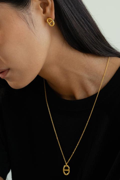 Sterling Silver 18k Gold Plated Erin Circle Necklace & Stud Earrings Set