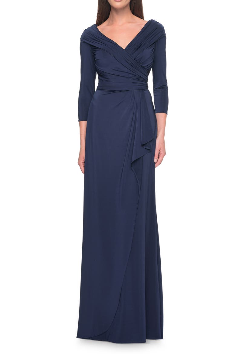 Ruched Long Dress with Ruffle Skirt Detail and Sleeves, Main, color, Navy