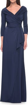 La Femme Ruched Long Dress with Ruffle Skirt Detail and Sleeves