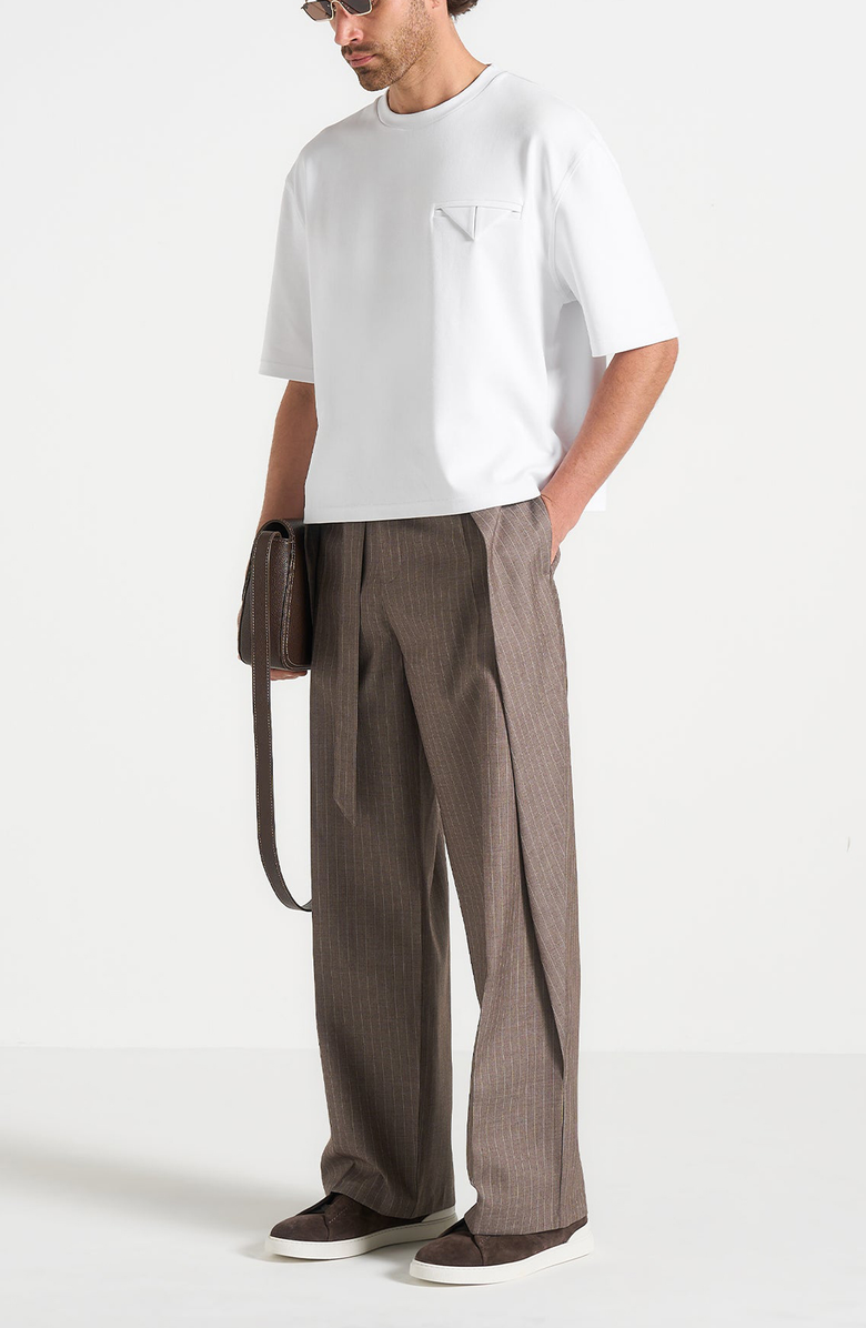 Manière De Voir Charles Wide Fit Wrap Leg Pinstripe Tailored Trousers, Alternate, color, Taupe