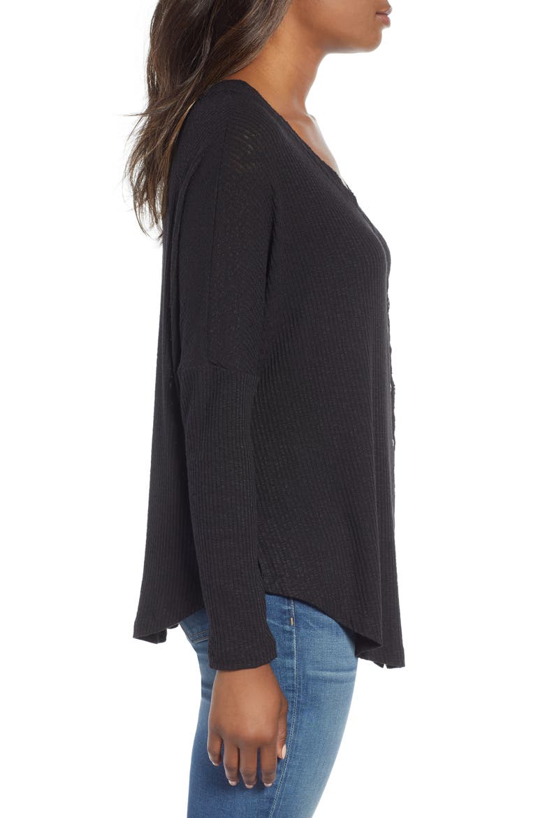 Button Front Ribbed Knit Top, Alternate, color, BLACK