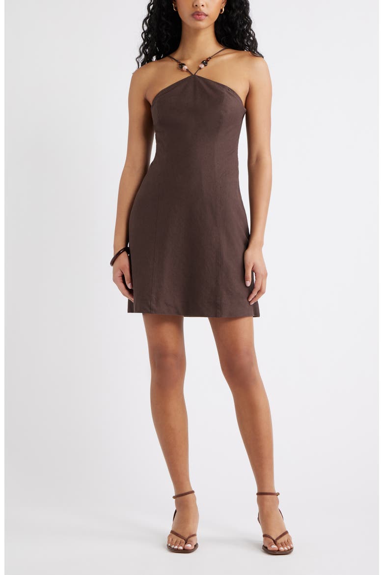 Halter Neck Linen Blend Minidress, Main, color, BROWN SEAL