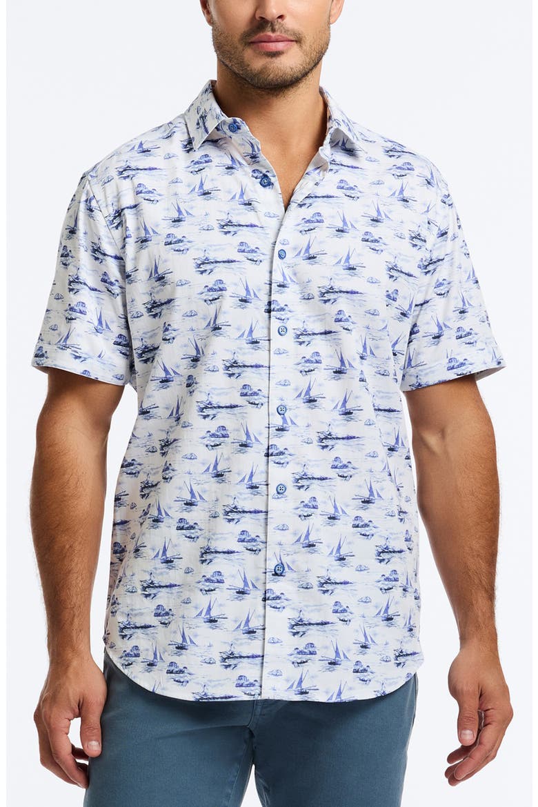 Alboran Short Sleeve Stretch Cotton Button-Up Shirt, Main, color, BLUE