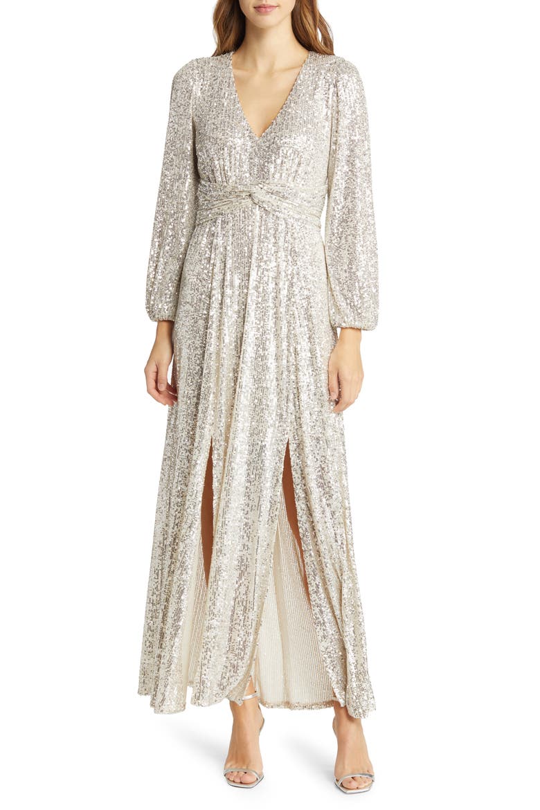 Sequin Long Sleeve A-Line Gown, Main, color, JBS SILVER