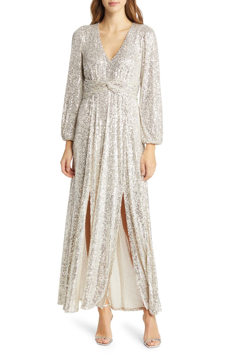 Pisarro Nights Sequin Long Sleeve A-Line Gown, Main, color, Jbs Silver