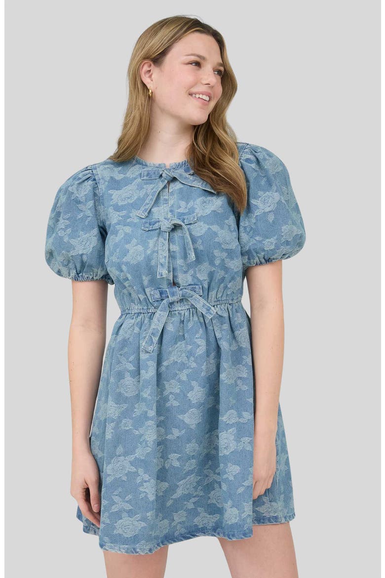 Bow Detail Floral Jacquard Denim Minidress, Alternate, color, DENIM