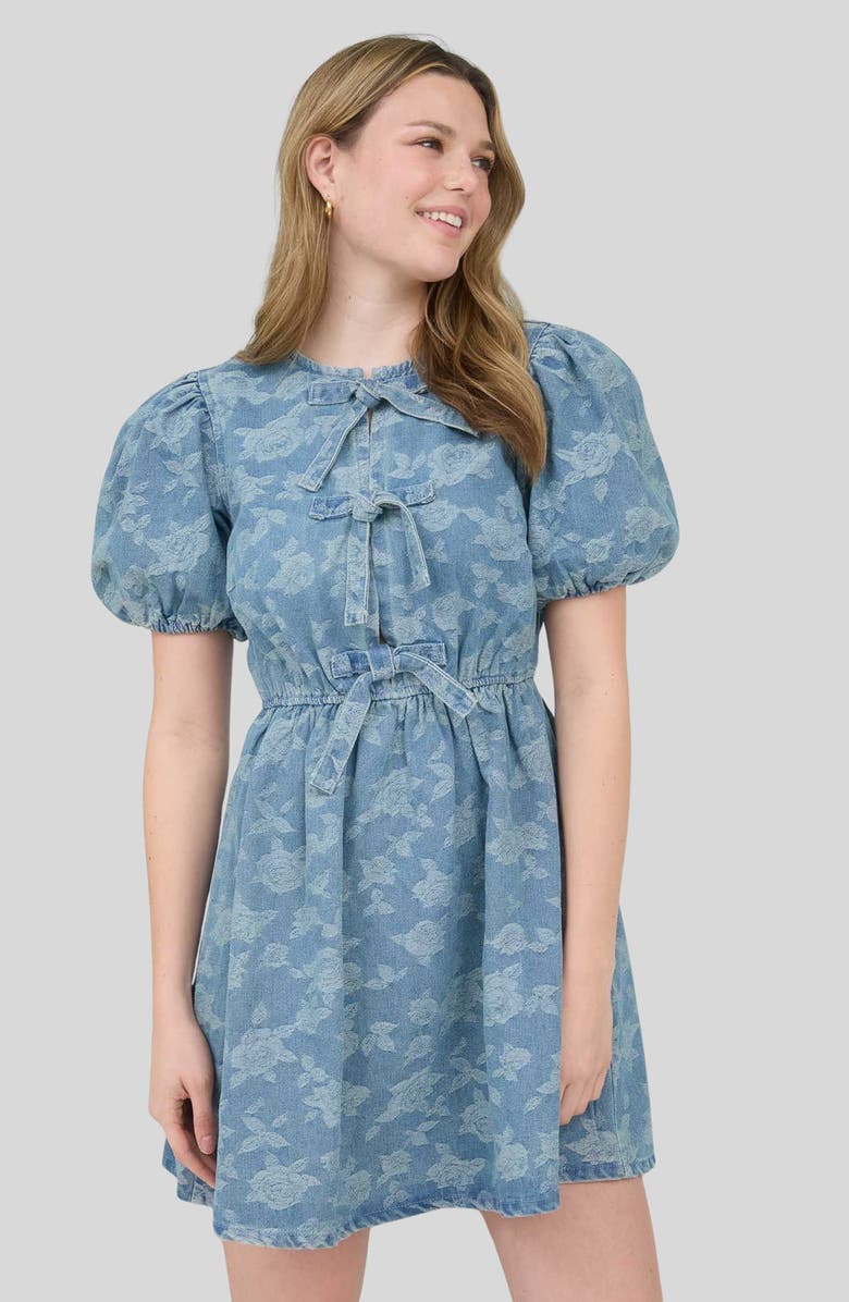 Blu Pepper Bow Detail Floral Jacquard Denim Minidress, Alternate, color, Denim