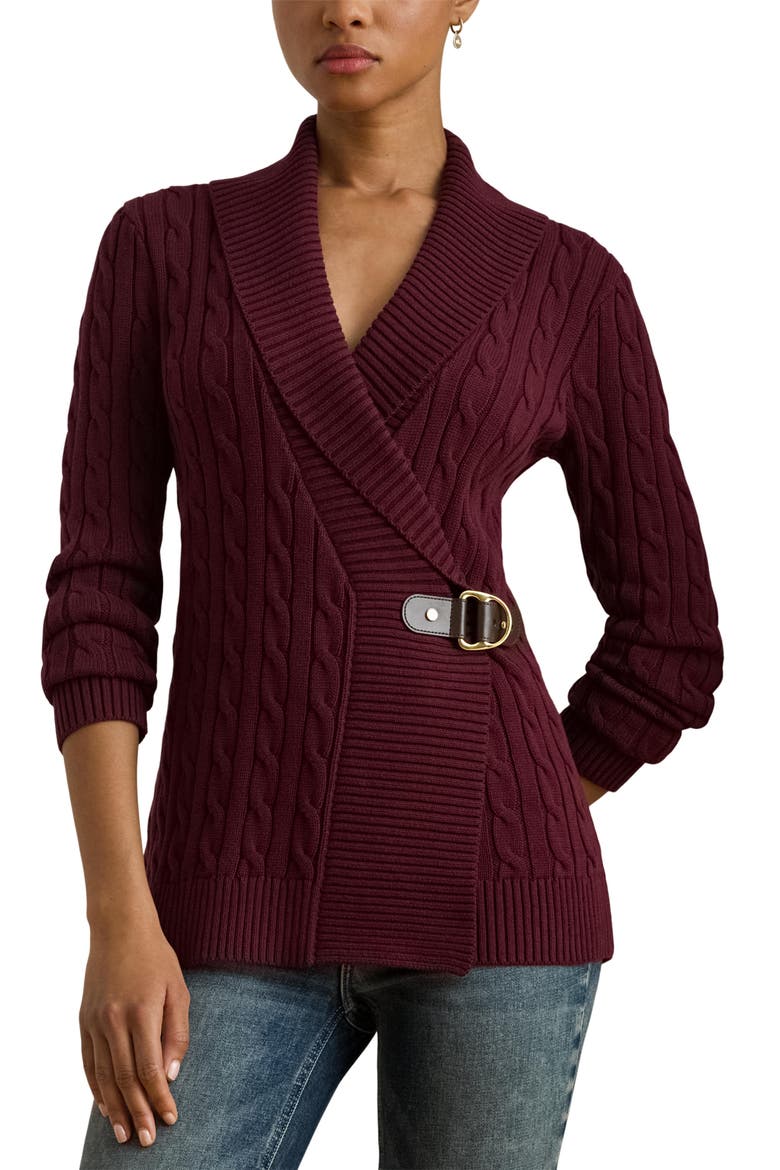 Cable Stitch Cotton Wrap Cardigan, Main, color, DARK GARNET