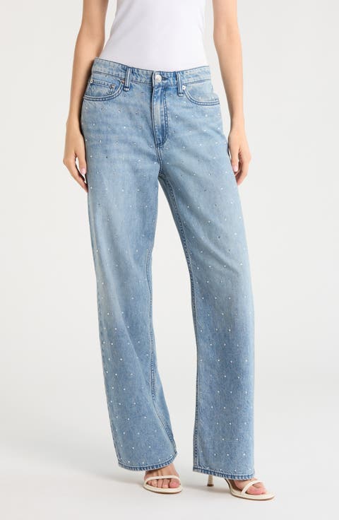 Logan High Waist Rhinestone Detail Wide Leg Jeans (Margo Jewel)