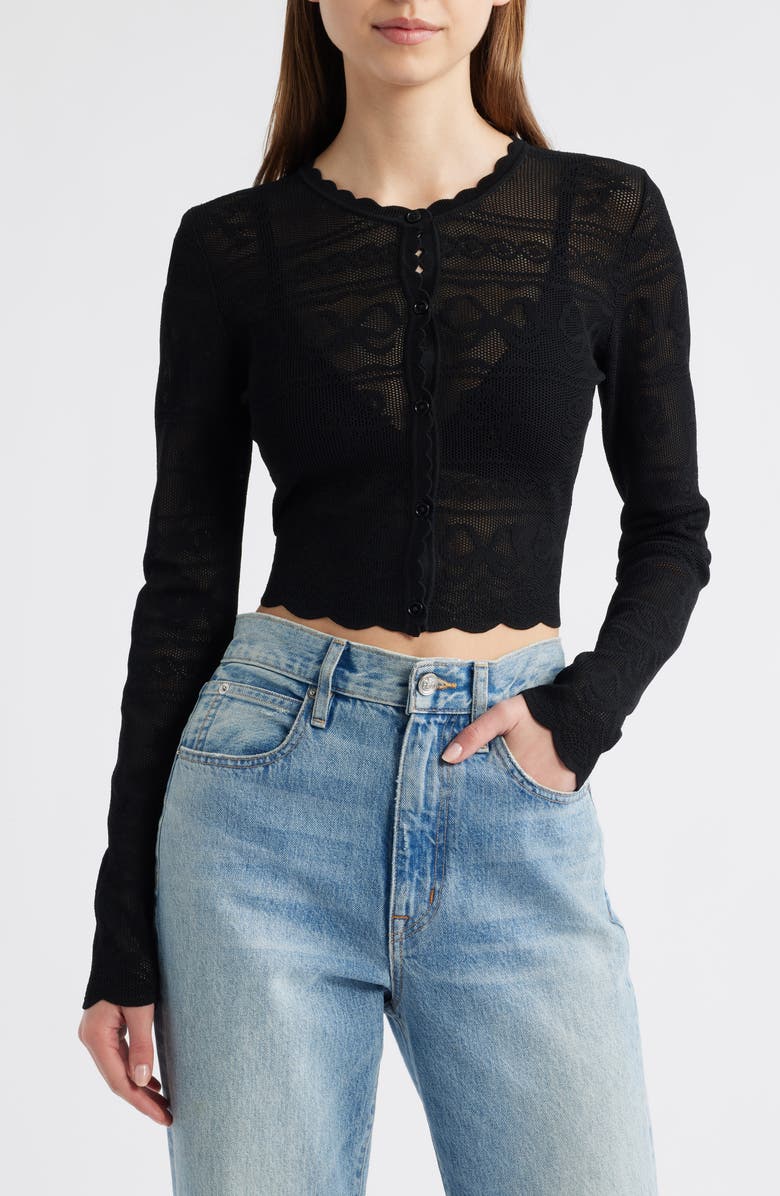 LoveShackFancy Gretta Semisheer Jacquard Cardigan, Main, color, Black