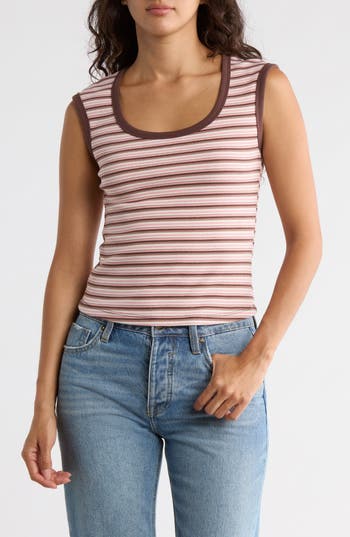 Madden Girl Stripe Scoop Neck Ribbed Tank In Brown