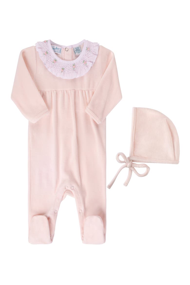 Smocked Collar Velour Footie & Bonnet Set, Main, color, PINK
