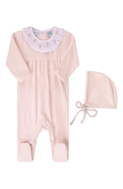 Smocked Collar Velour Footie & Bonnet Set (Baby)