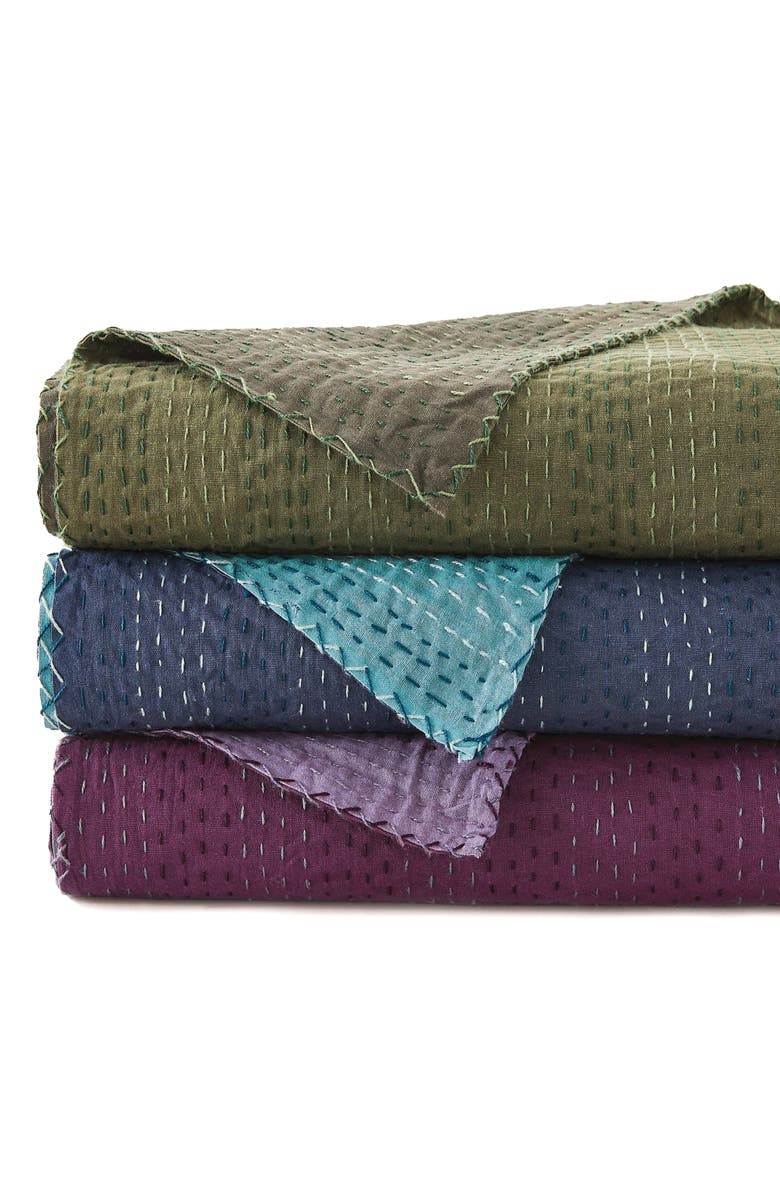 MELANGE HOME Kantha Reversible Cotton Throw Blanket, Alternate, color, Fig And Violet