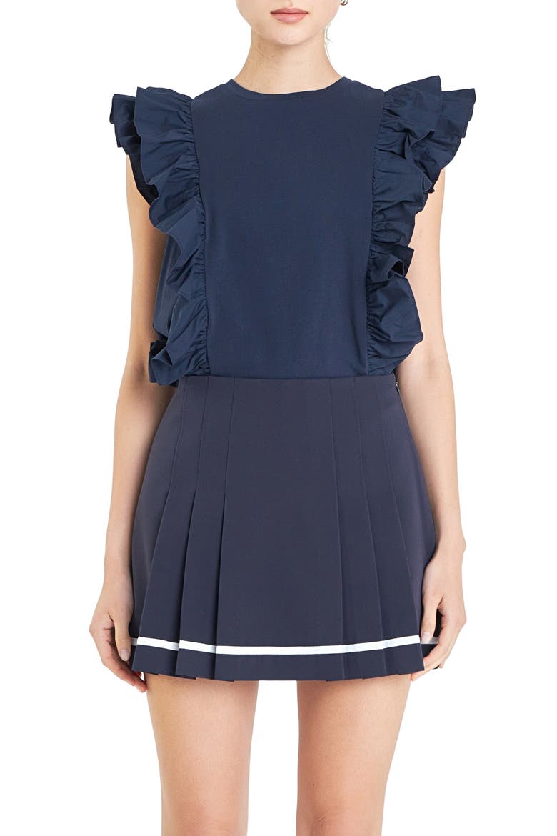 Poplin Ruffle Trim Knit Top, Main, color, NAVY