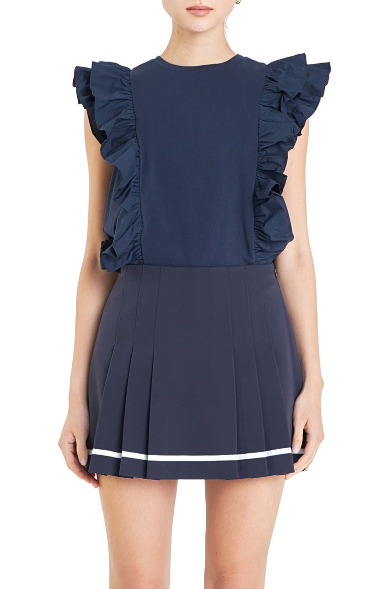 English Factory Poplin Ruffle Trim Knit Top, Main, color, Navy