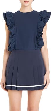 English Factory Poplin Ruffle Trim Knit Top