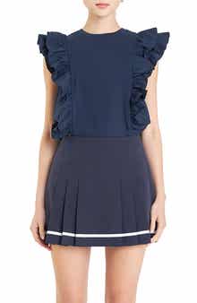 English Factory Poplin Ruffle Trim Knit Top