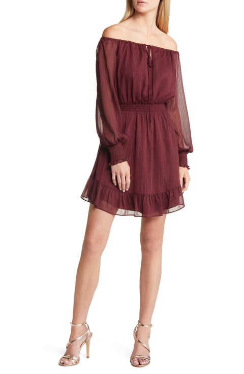 Metallic Off the Shoulder Long Sleeve Minidress