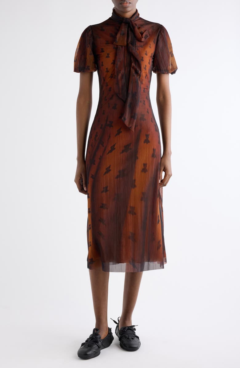 Acne Studios Emaija Teddy Print Puff Sleeve Mesh Dress, Main, color, Rust Brown