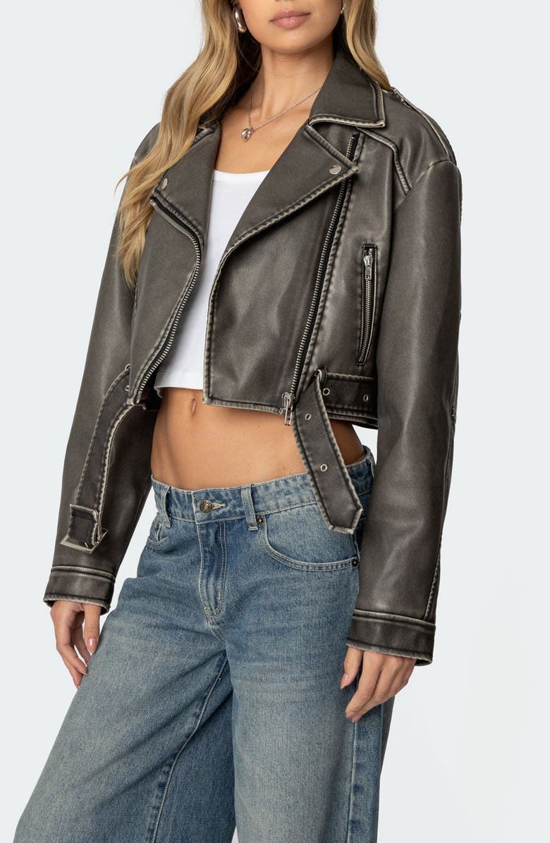 EDIKTED Washed Faux Leather Moto Jacket, Alternate, color, Gray-Washed