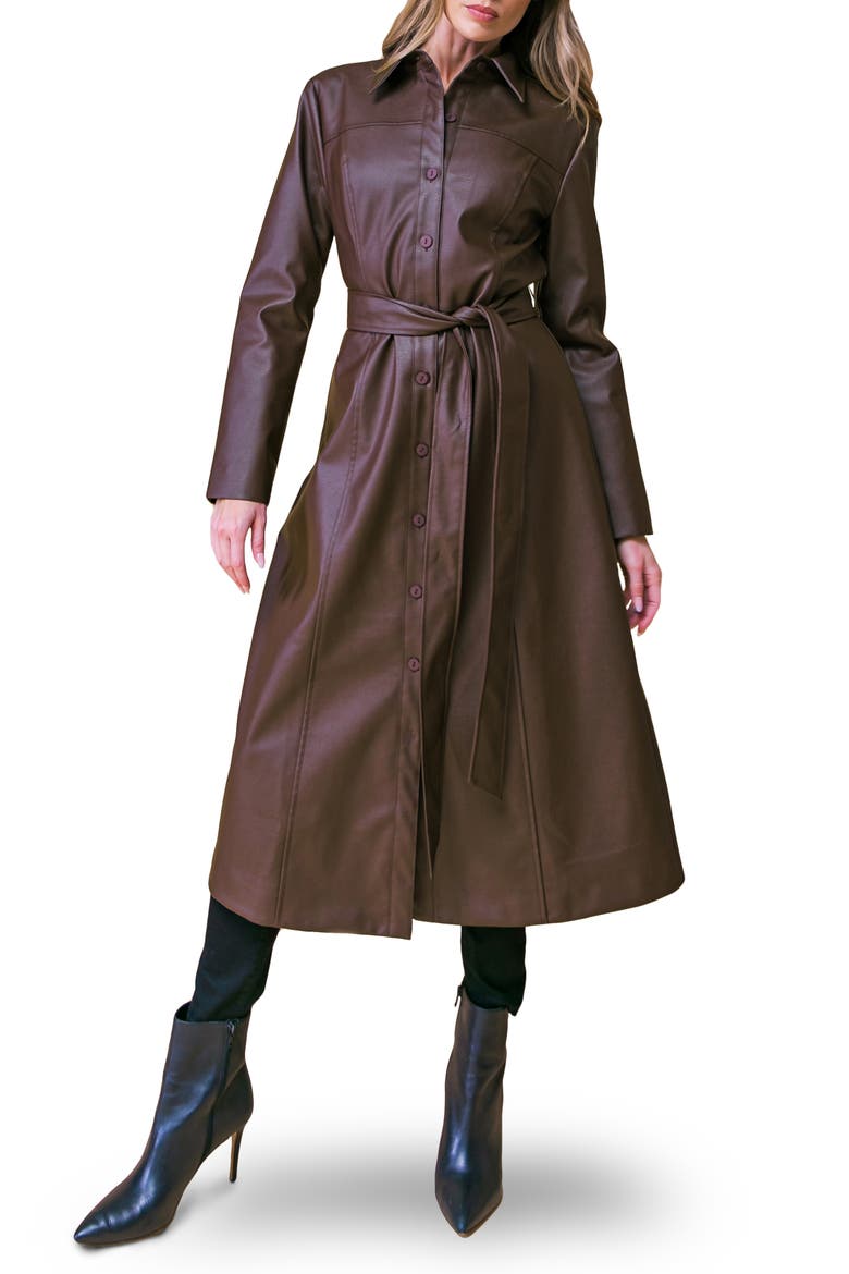 Belted Faux Leather Coat, Main, color, BROWN