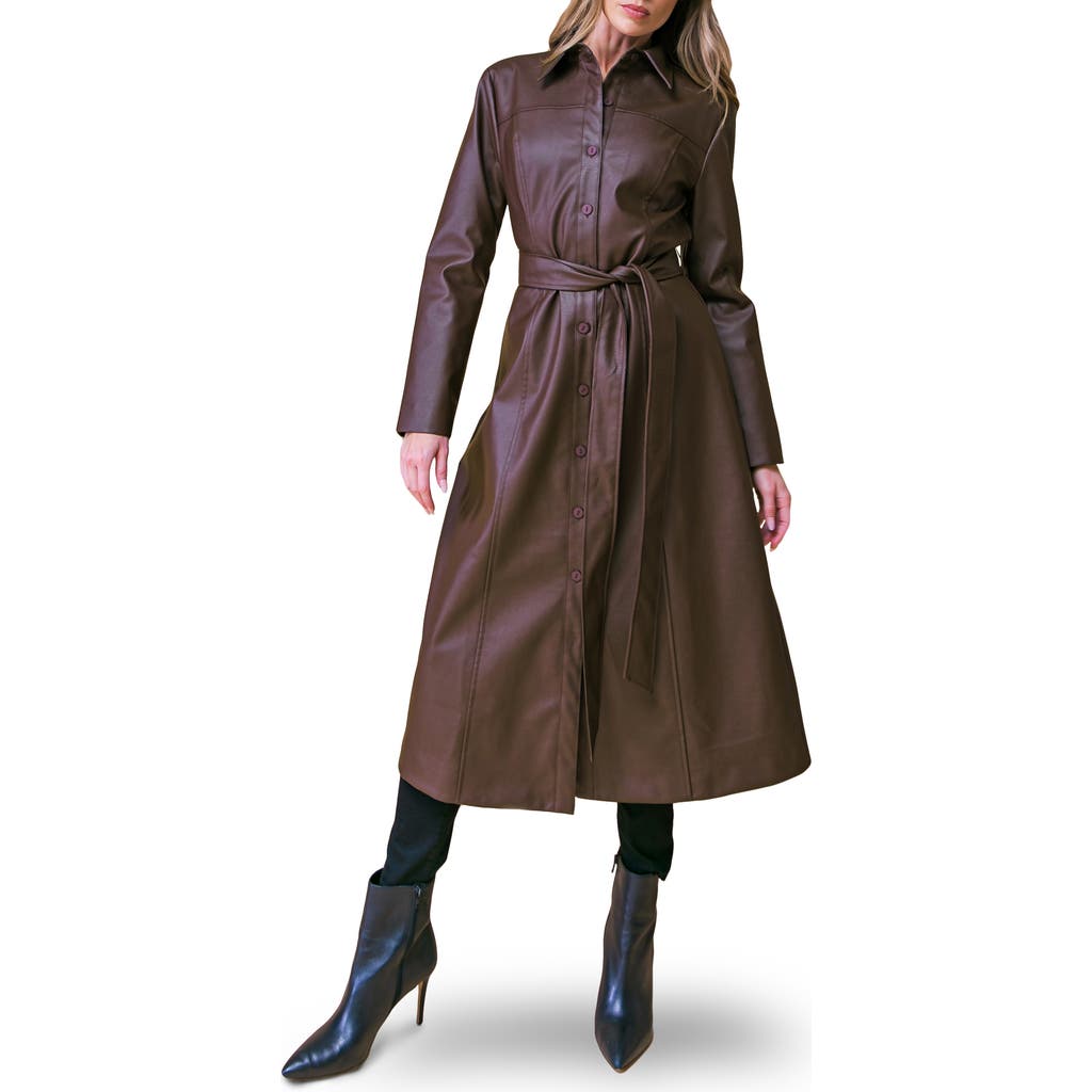 Flying Tomato Belted Faux Leather Coat In Brown