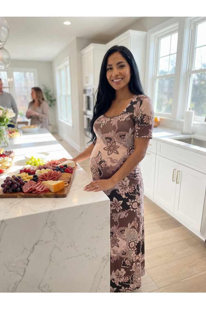 Maternity Paisley Scoop Neck Elbow Sleeve A-Line Maxi Dress, Alternate, color, Brown Multi
