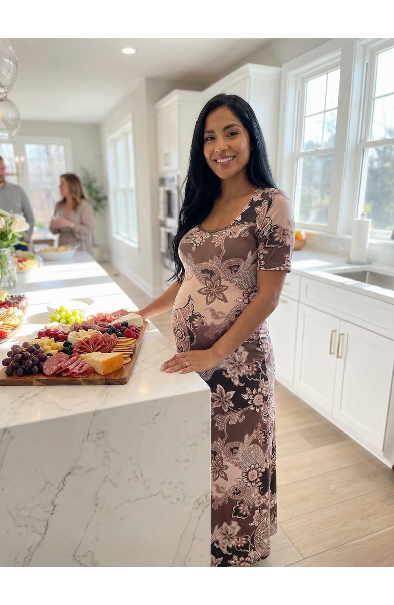 24seven Comfort Apparel Maternity Paisley Scoop Neck Elbow Sleeve A-Line Maxi Dress, Alternate, color, Brown Multi