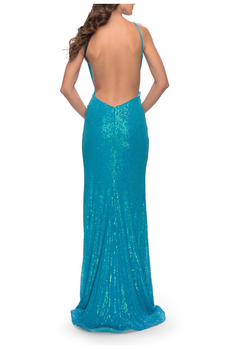 La Femme High Neck Long Sequin Gown with Open Back, Alternate, color, Aqua