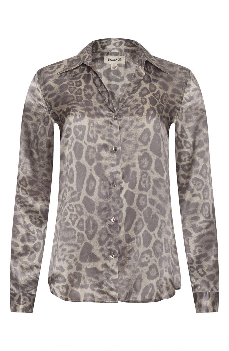 L'AGENCE Tyler Leopard Print Silk Button-Up Shirt, Alternate, color, Grey Multi Patch Leopard