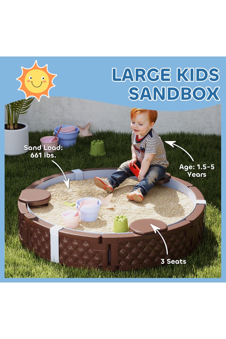 Kids Sandbox with Cover, Built-in Seating & Bottom Liner, Alternate, color, Brown