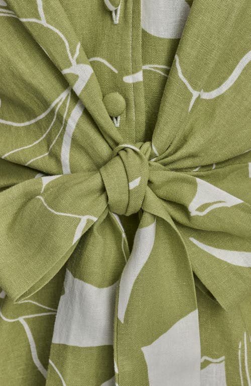 Donna Karan New York Print Tie Waist Linen Blend Midi Shirtdress In Green