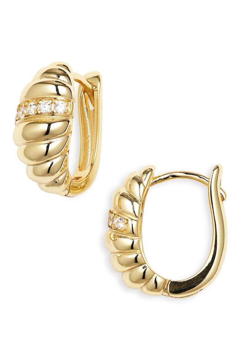 Cubic Zirconia Ribbed Huggie Hoop Earrings, Main, color, GOLD