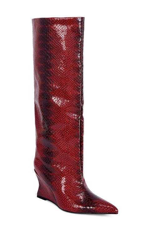 Brun Faux Snakeskin Knee High Wedge Boot