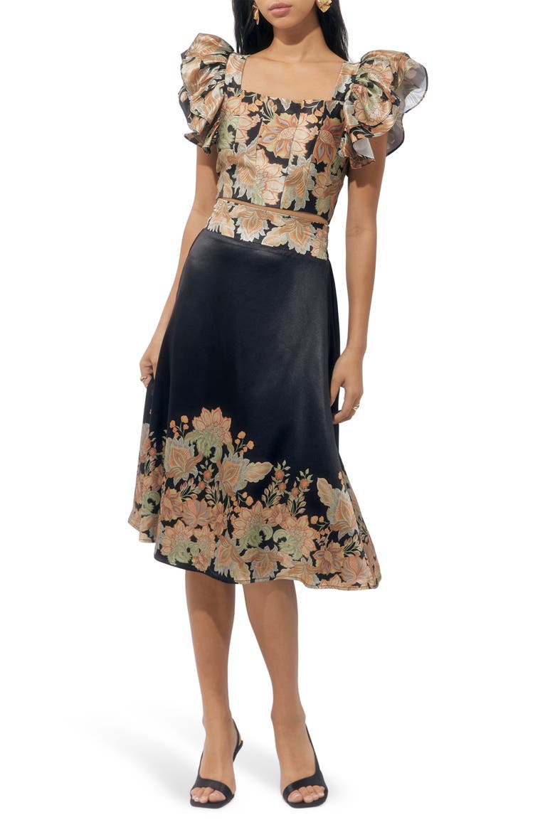 Milan Floral Top & Border Print Skirt Set, Main, color, BLACK/GOLD