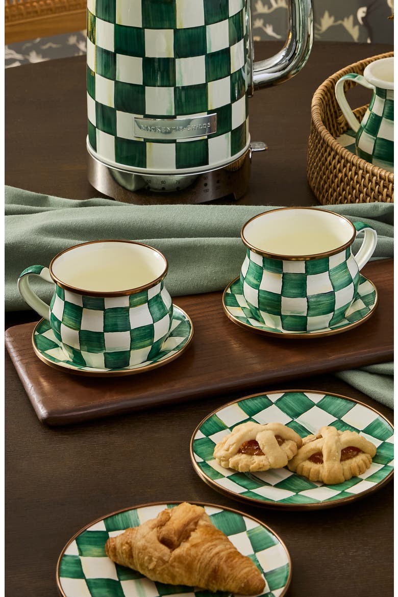 Emerald Check Set of 2 Espresso Cups & Saucers, Alternate, color, EMERALD