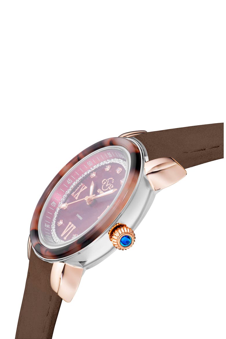 Marsala Tortoise Pattern Mother-of-Pearl Dial Diamond Suede Strap Watch, 36mm - 0.045 ctw., Alternate, color, BROWN