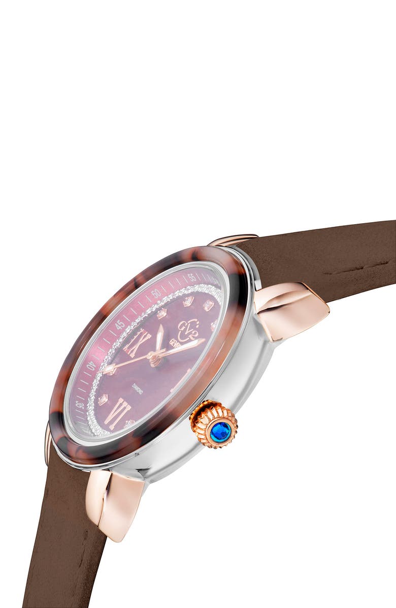 GV2 Marsala Tortoise Pattern Mother-of-Pearl Dial Diamond Suede Strap Watch, 36mm - 0.045 ctw., Alternate, color, Brown