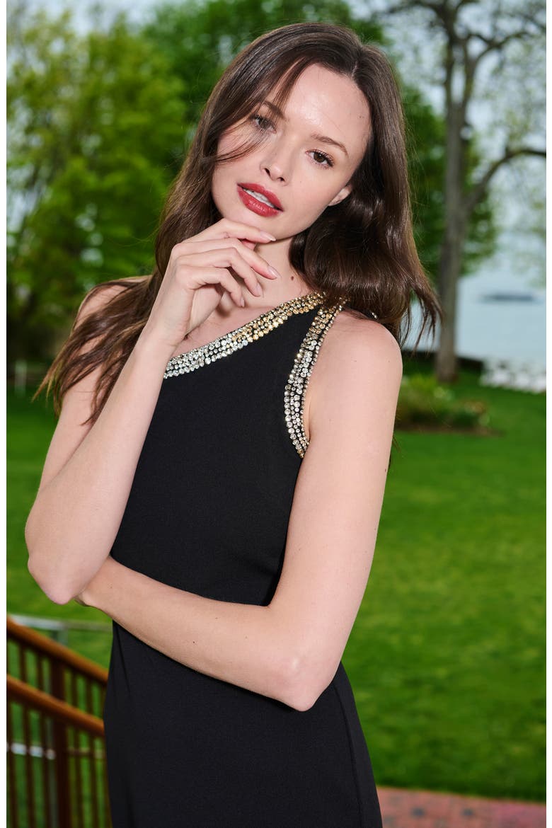Crystal Trim Stretch Crepe Cocktail Dress, Alternate, color, BLACK