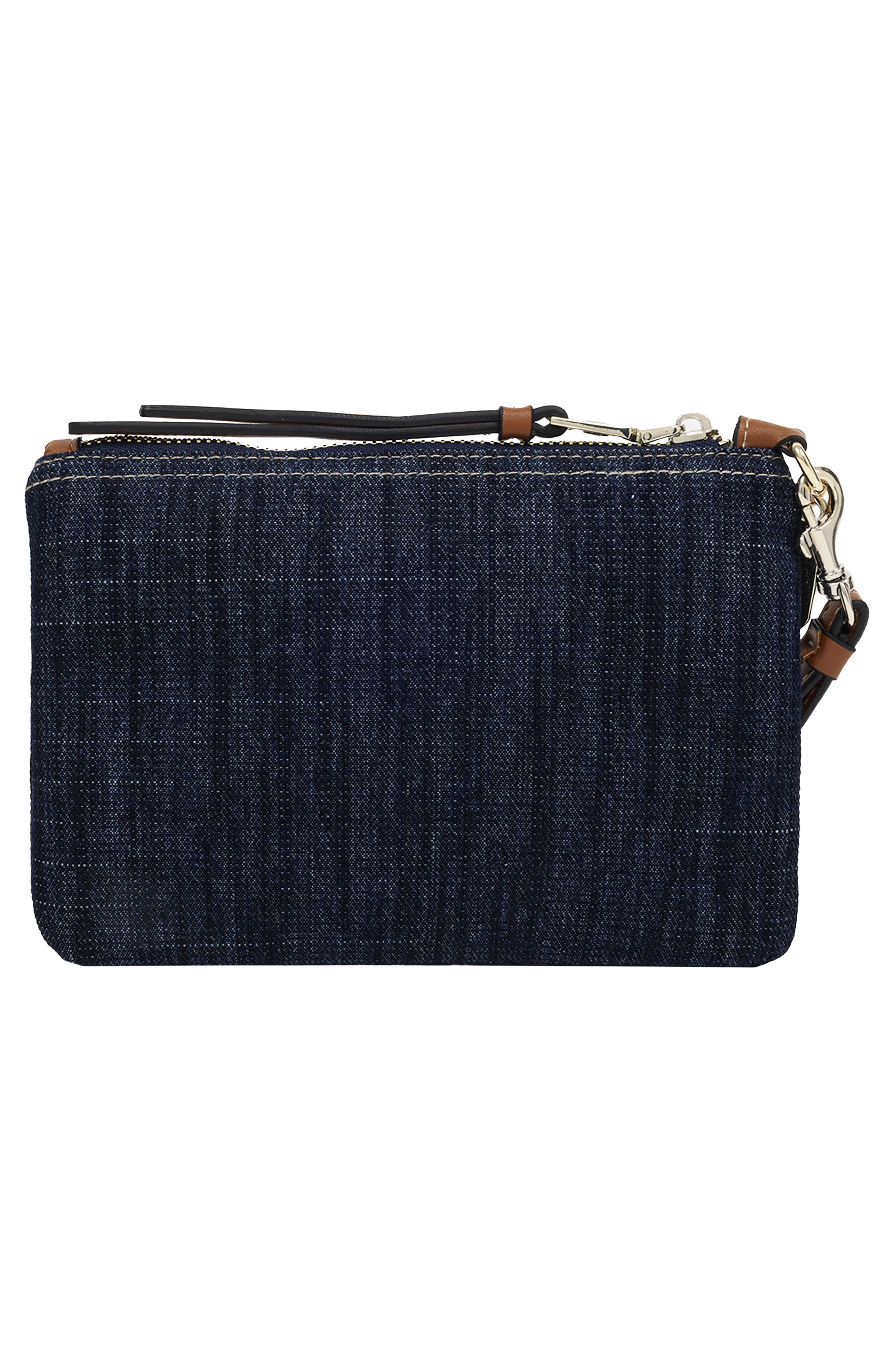 Patchwork Denim Wristlet Pouch, Alternate, color, DARK DENIM