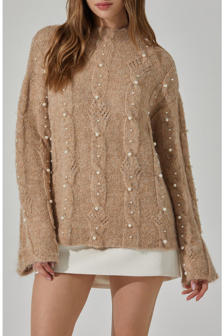 Kit Faux Pearl Cable Stitch Sweater, Main, color, TAUPE